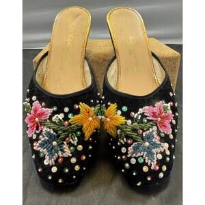 Vintage 60s Hong Kong Hand Beaded Black Velvet Floral Mule Slippers Shoes Size 8